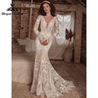 Mermaid Boho Bohemia Wedding Dress with Detachable Tank Long Sleeve Lace Deep V Neck Backlesss Bridal Gowns Robe De Mariée&nbsp;