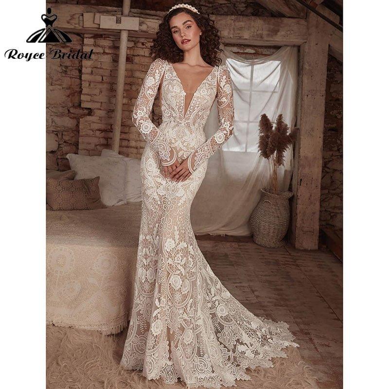 Mermaid Boho Bohemia Wedding Dress with Detachable Tank Long Sleeve Lace Deep V Neck Backlesss Bridal Gowns Robe De Mariée&nbsp;