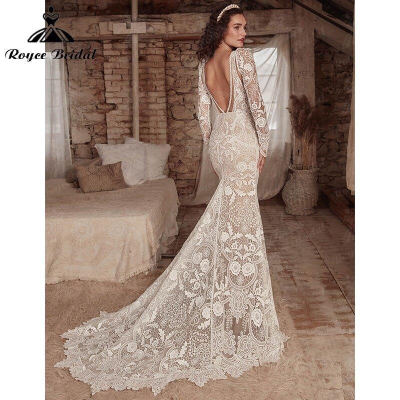 Mermaid Boho Bohemia Wedding Dress with Detachable Tank Long Sleeve Lace Deep V Neck Backlesss Bridal Gowns Robe De Mariée&nbsp;