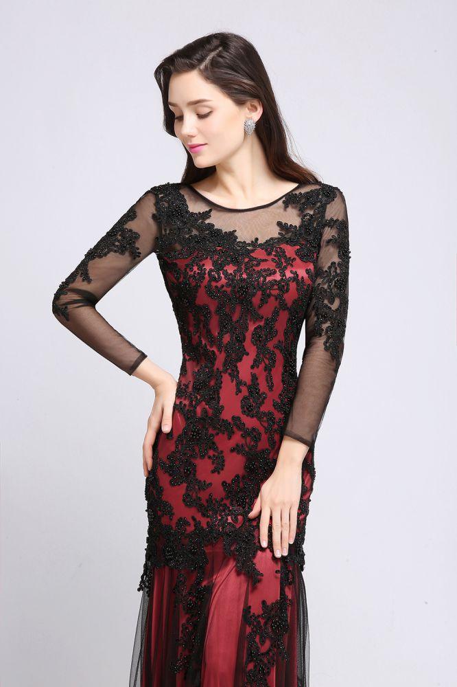 Mermaid Jewel Neck Long Tulle Red Sexy Evening Dresses with Beading