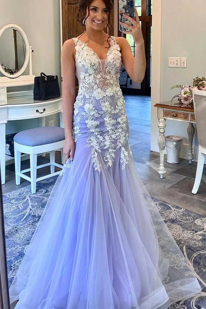 Mermaid Prom Dresses Floral Dress Formal Sweep Train Sleeveless V Neck Tulle with Ruffles Appliques