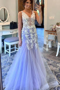 Mermaid Prom Dresses Floral Dress Formal Sweep Train Sleeveless V Neck Tulle with Ruffles Appliques