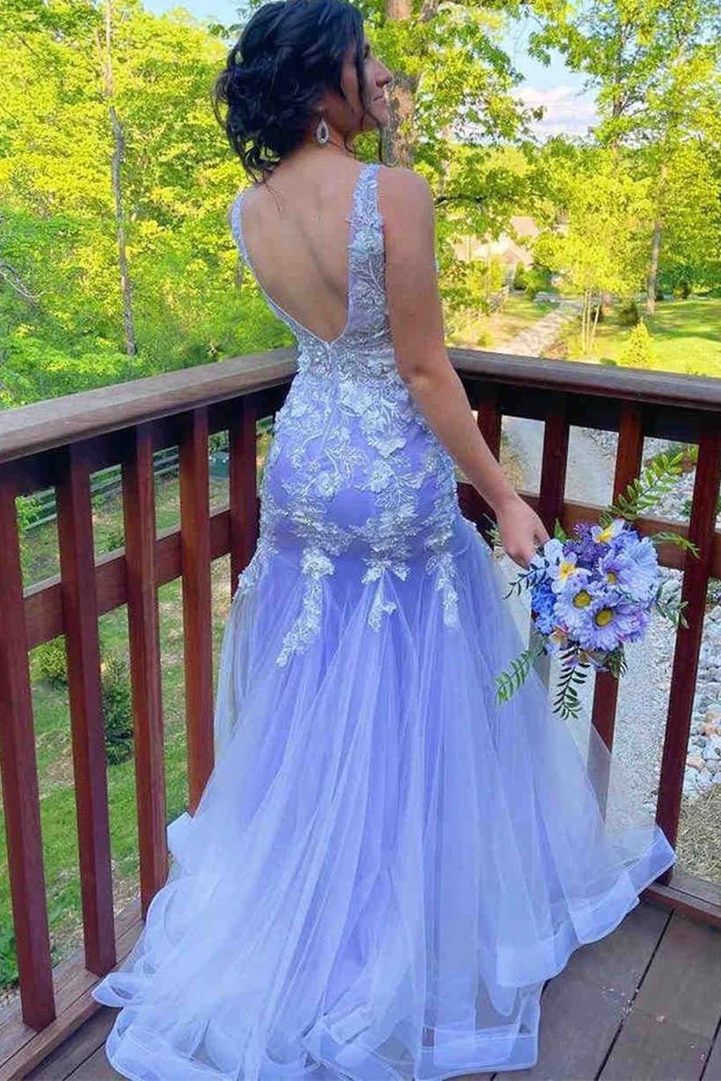 Mermaid Prom Dresses Floral Dress Formal Sweep Train Sleeveless V Neck Tulle with Ruffles Appliques