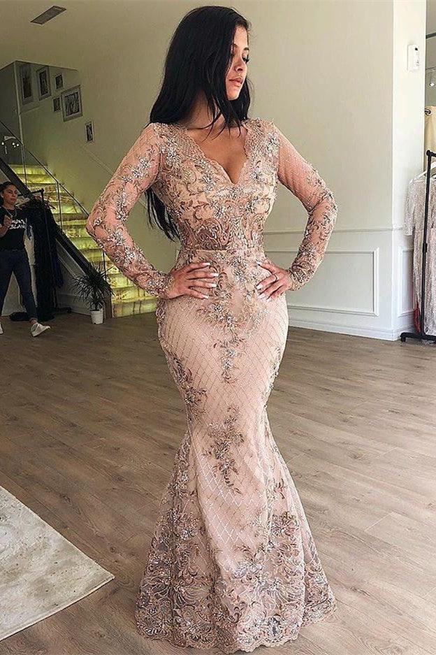 Mermaid V-neck Long Sleeves Appliqued Prom Dresses with Detachable Skirt