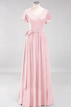 Misshow Elegant A-line V-Neck Short Sleeve Bridesmaid Dresses with Bow Sash Floor-Length Chiffon Evening Dress