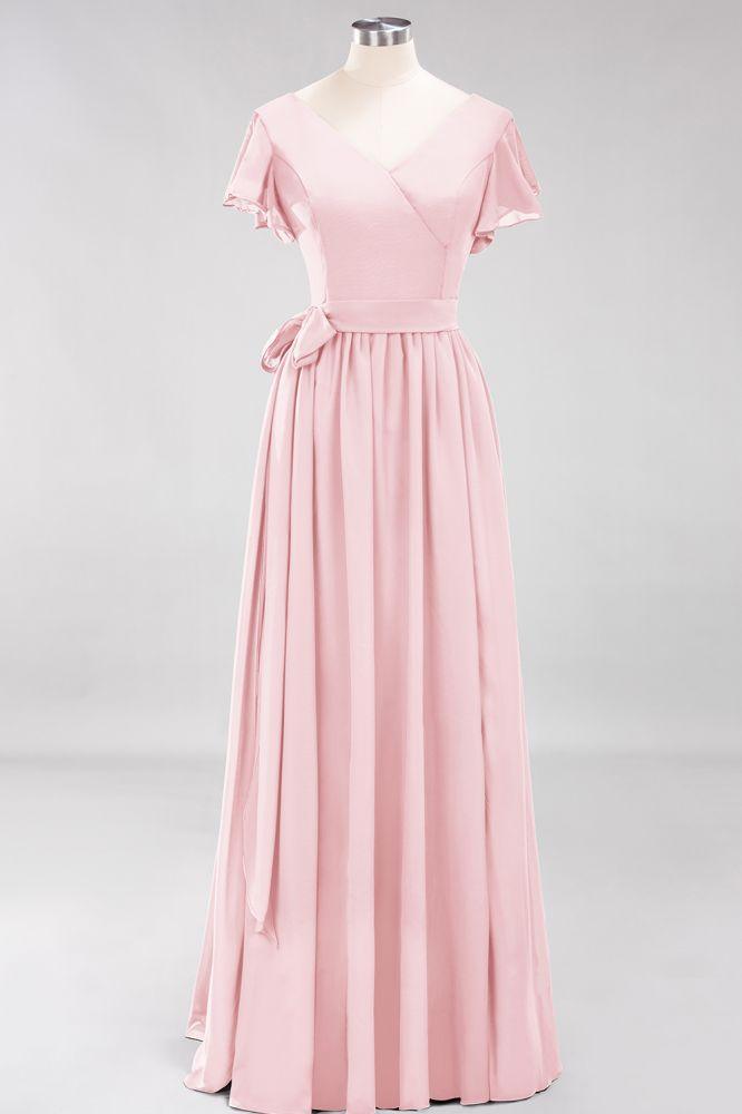 Misshow Elegant A-line V-Neck Short Sleeve Bridesmaid Dresses with Bow Sash Floor-Length Chiffon Evening Dress