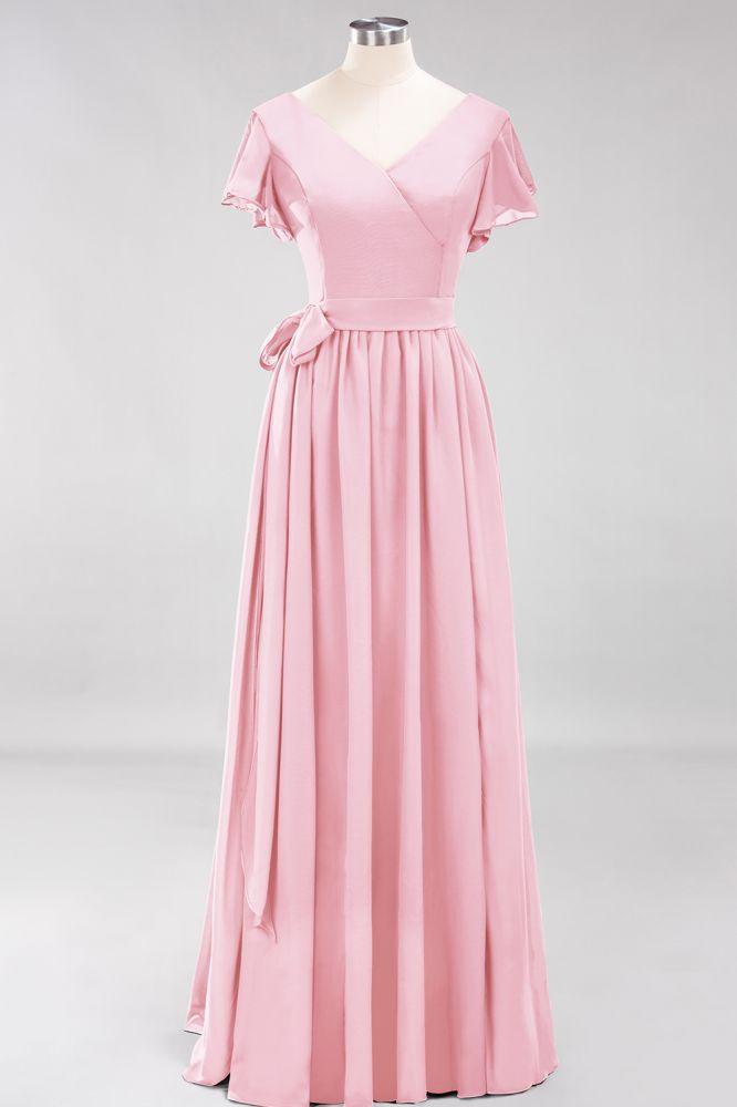 Misshow Elegant A-line V-Neck Short Sleeve Bridesmaid Dresses with Bow Sash Floor-Length Chiffon Evening Dress