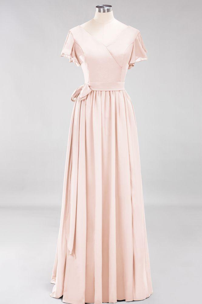 Misshow Elegant A-line V-Neck Short Sleeve Bridesmaid Dresses with Bow Sash Floor-Length Chiffon Evening Dress