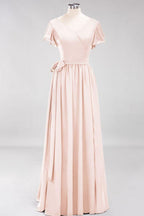 Misshow Elegant A-line V-Neck Short Sleeve Bridesmaid Dresses with Bow Sash Floor-Length Chiffon Evening Dress