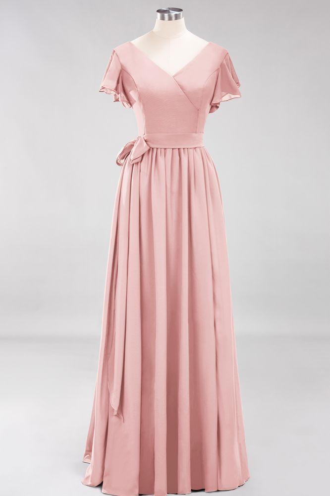 Misshow Elegant A-line V-Neck Short Sleeve Bridesmaid Dresses with Bow Sash Floor-Length Chiffon Evening Dress