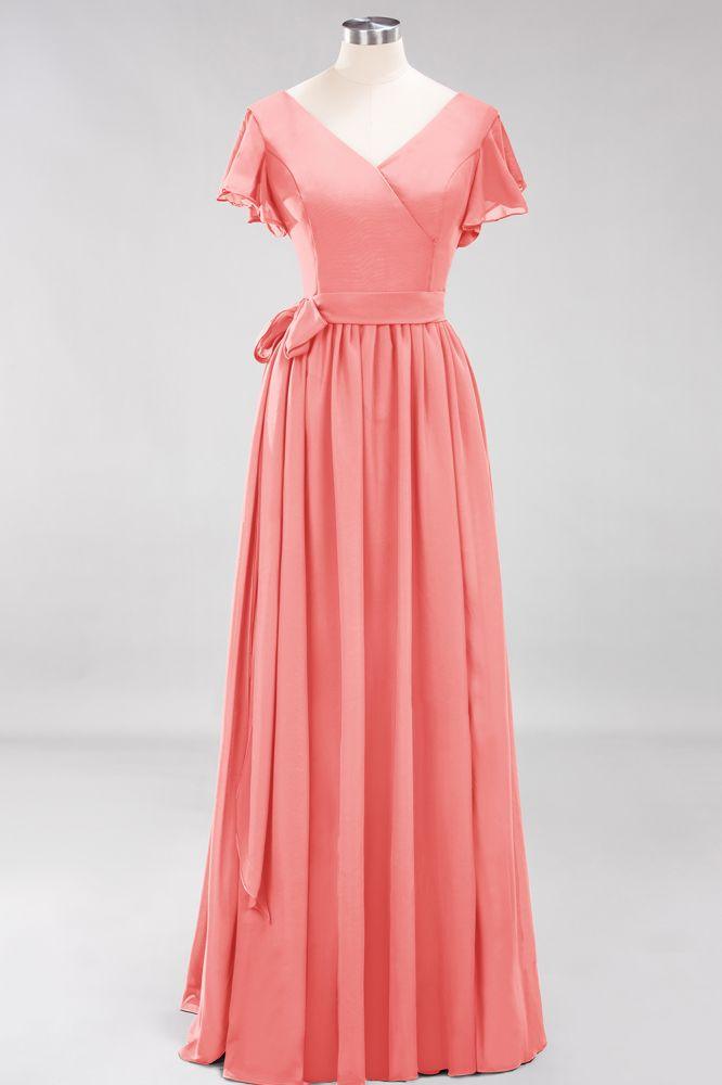 Misshow Elegant A-line V-Neck Short Sleeve Bridesmaid Dresses with Bow Sash Floor-Length Chiffon Evening Dress
