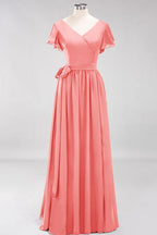 Misshow Elegant A-line V-Neck Short Sleeve Bridesmaid Dresses with Bow Sash Floor-Length Chiffon Evening Dress