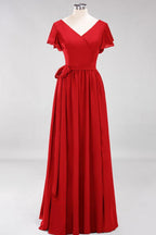 Misshow Elegant A-line V-Neck Short Sleeve Bridesmaid Dresses with Bow Sash Floor-Length Chiffon Evening Dress