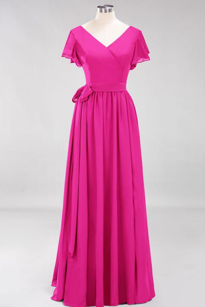 Misshow Elegant A-line V-Neck Short Sleeve Bridesmaid Dresses with Bow Sash Floor-Length Chiffon Evening Dress