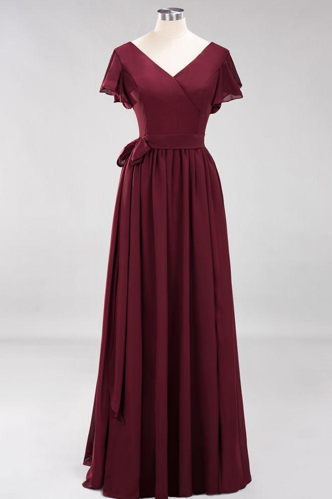 Misshow Elegant A-line V-Neck Short Sleeve Bridesmaid Dresses with Bow Sash Floor-Length Chiffon Evening Dress