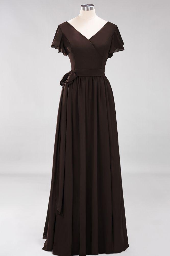 Misshow Elegant A-line V-Neck Short Sleeve Bridesmaid Dresses with Bow Sash Floor-Length Chiffon Evening Dress