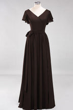 Misshow Elegant A-line V-Neck Short Sleeve Bridesmaid Dresses with Bow Sash Floor-Length Chiffon Evening Dress