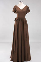 Misshow Elegant A-line V-Neck Short Sleeve Bridesmaid Dresses with Bow Sash Floor-Length Chiffon Evening Dress