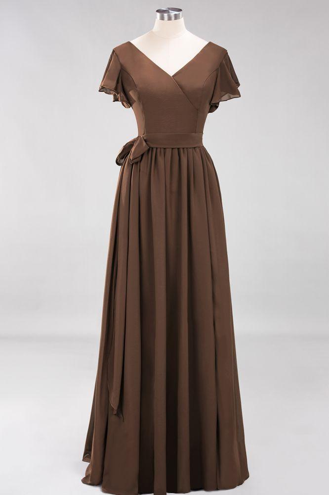 Misshow Elegant A-line V-Neck Short Sleeve Bridesmaid Dresses with Bow Sash Floor-Length Chiffon Evening Dress