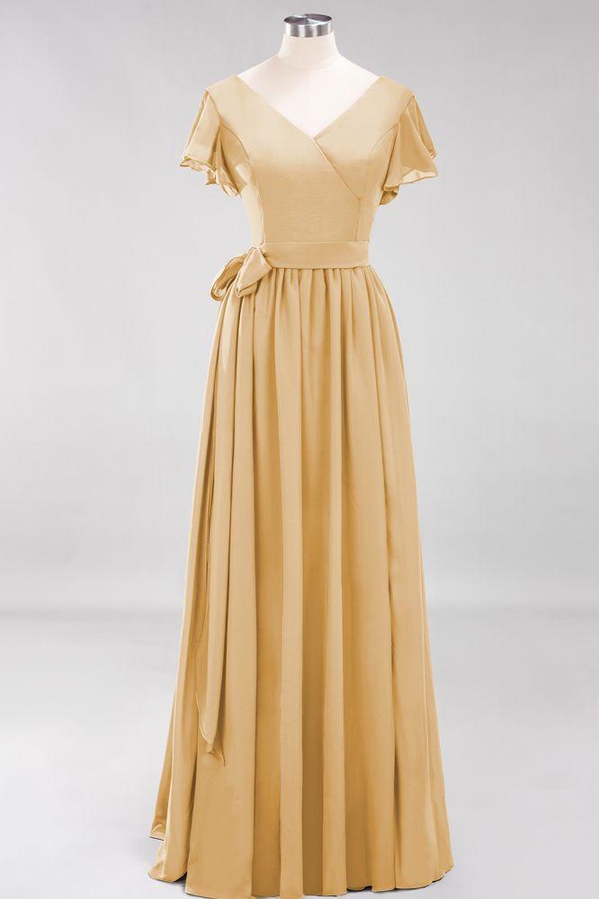 Misshow Elegant A-line V-Neck Short Sleeve Bridesmaid Dresses with Bow Sash Floor-Length Chiffon Evening Dress