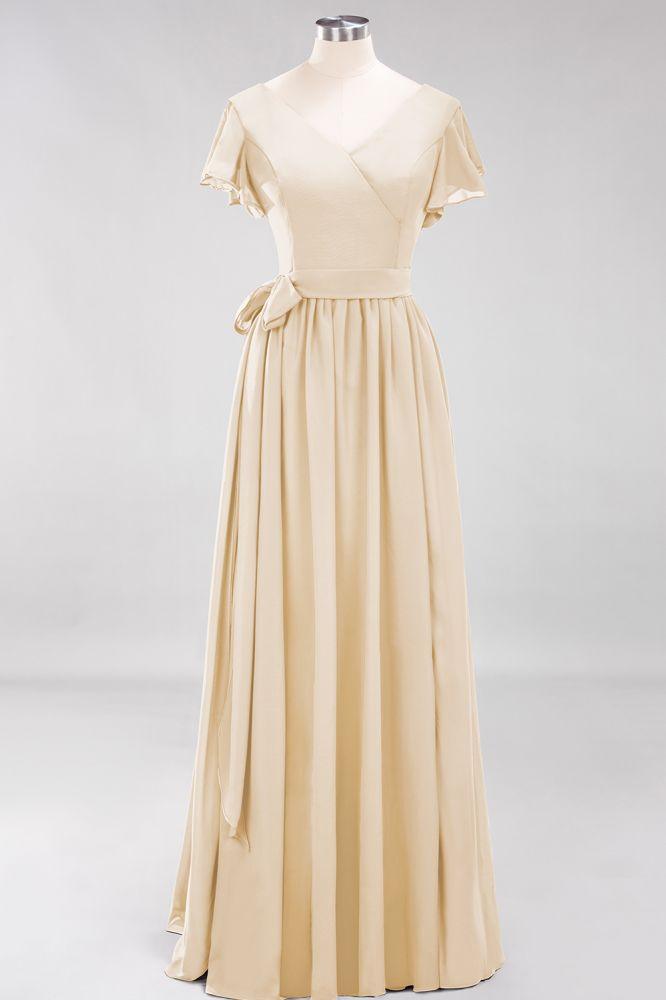 Misshow Elegant A-line V-Neck Short Sleeve Bridesmaid Dresses with Bow Sash Floor-Length Chiffon Evening Dress