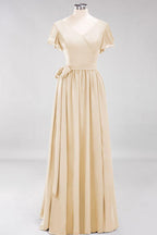 Misshow Elegant A-line V-Neck Short Sleeve Bridesmaid Dresses with Bow Sash Floor-Length Chiffon Evening Dress