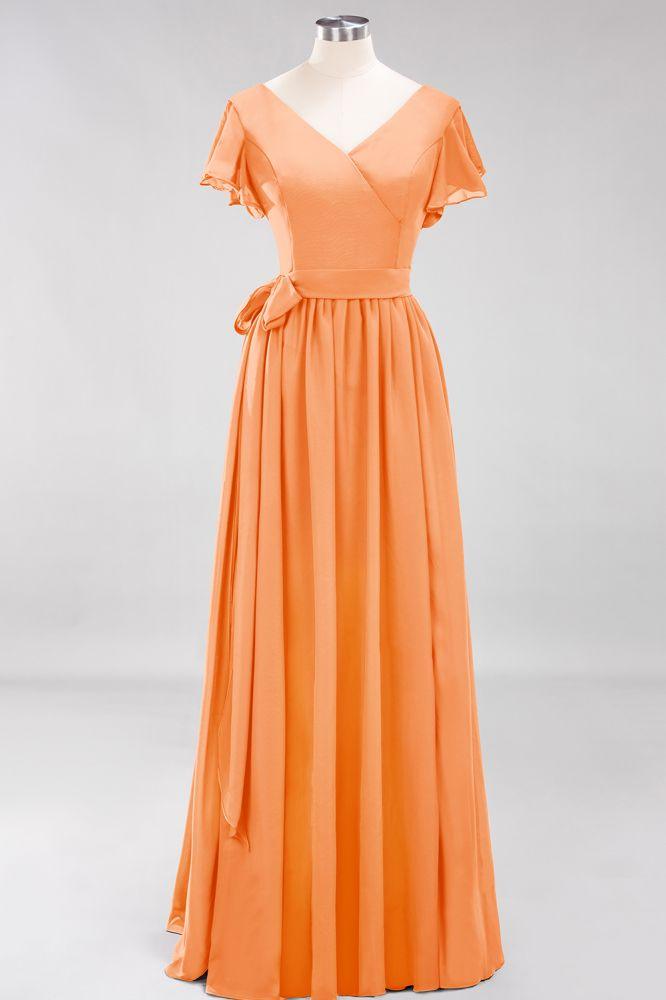 Misshow Elegant A-line V-Neck Short Sleeve Bridesmaid Dresses with Bow Sash Floor-Length Chiffon Evening Dress
