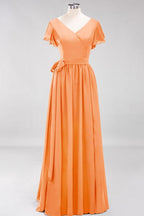 Misshow Elegant A-line V-Neck Short Sleeve Bridesmaid Dresses with Bow Sash Floor-Length Chiffon Evening Dress