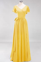 Misshow Elegant A-line V-Neck Short Sleeve Bridesmaid Dresses with Bow Sash Floor-Length Chiffon Evening Dress