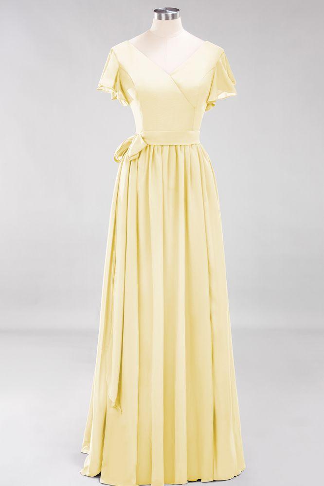 Misshow Elegant A-line V-Neck Short Sleeve Bridesmaid Dresses with Bow Sash Floor-Length Chiffon Evening Dress
