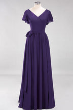 Misshow Elegant A-line V-Neck Short Sleeve Bridesmaid Dresses with Bow Sash Floor-Length Chiffon Evening Dress