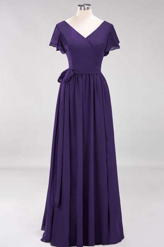 Misshow Elegant A-line V-Neck Short Sleeve Bridesmaid Dresses with Bow Sash Floor-Length Chiffon Evening Dress