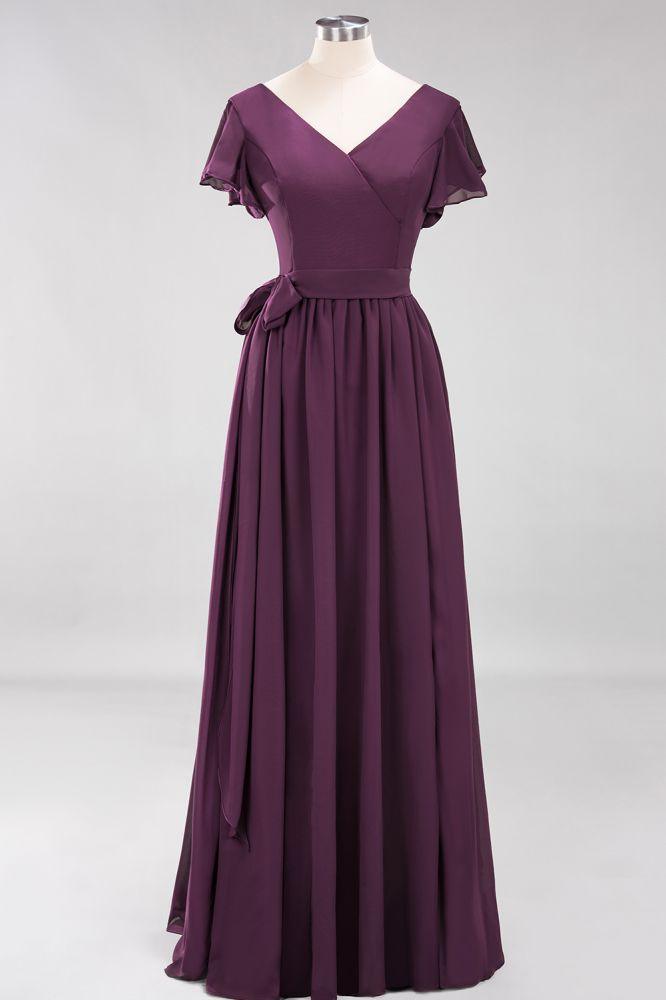 Misshow Elegant A-line V-Neck Short Sleeve Bridesmaid Dresses with Bow Sash Floor-Length Chiffon Evening Dress
