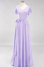 Misshow Elegant A-line V-Neck Short Sleeve Bridesmaid Dresses with Bow Sash Floor-Length Chiffon Evening Dress