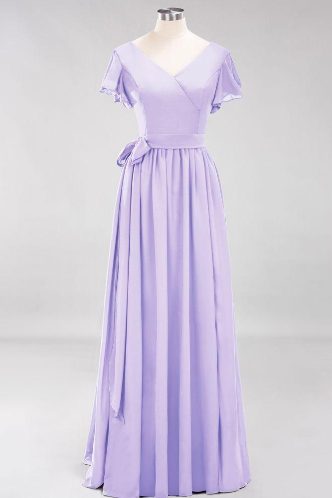 Misshow Elegant A-line V-Neck Short Sleeve Bridesmaid Dresses with Bow Sash Floor-Length Chiffon Evening Dress