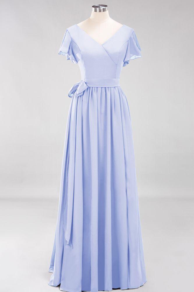 Misshow Elegant A-line V-Neck Short Sleeve Bridesmaid Dresses with Bow Sash Floor-Length Chiffon Evening Dress