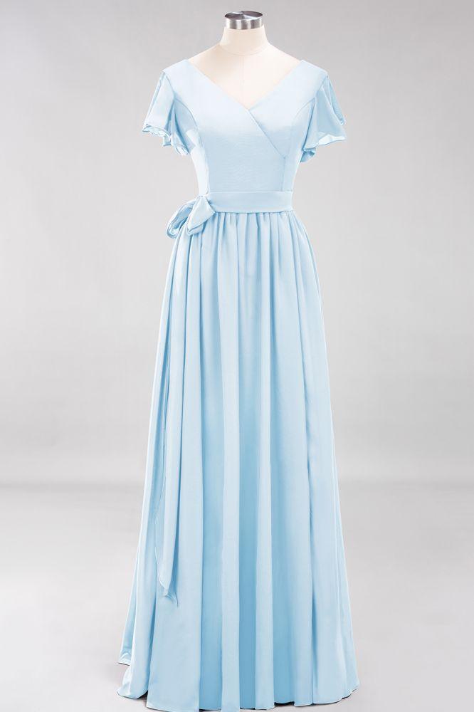 Misshow Elegant A-line V-Neck Short Sleeve Bridesmaid Dresses with Bow Sash Floor-Length Chiffon Evening Dress