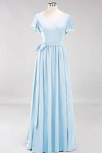 Misshow Elegant A-line V-Neck Short Sleeve Bridesmaid Dresses with Bow Sash Floor-Length Chiffon Evening Dress