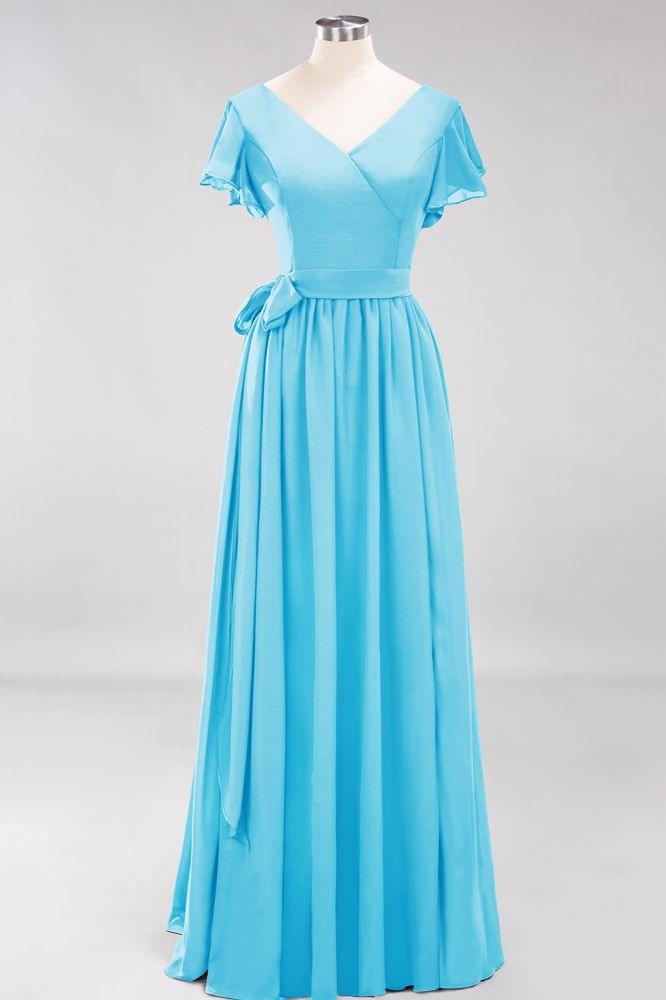 Misshow Elegant A-line V-Neck Short Sleeve Bridesmaid Dresses with Bow Sash Floor-Length Chiffon Evening Dress