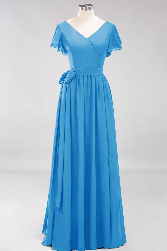 Misshow Elegant A-line V-Neck Short Sleeve Bridesmaid Dresses with Bow Sash Floor-Length Chiffon Evening Dress