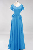 Misshow Elegant A-line V-Neck Short Sleeve Bridesmaid Dresses with Bow Sash Floor-Length Chiffon Evening Dress
