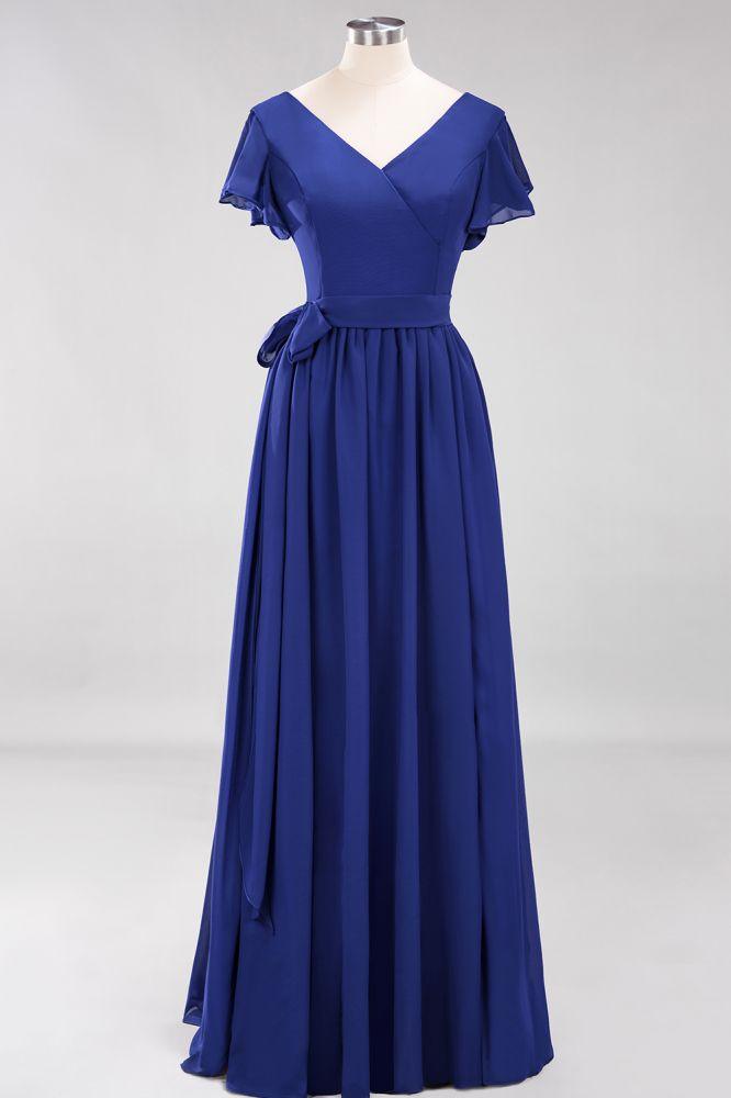Misshow Elegant A-line V-Neck Short Sleeve Bridesmaid Dresses with Bow Sash Floor-Length Chiffon Evening Dress