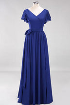 Misshow Elegant A-line V-Neck Short Sleeve Bridesmaid Dresses with Bow Sash Floor-Length Chiffon Evening Dress