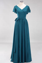 Misshow Elegant A-line V-Neck Short Sleeve Bridesmaid Dresses with Bow Sash Floor-Length Chiffon Evening Dress