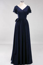 Misshow Elegant A-line V-Neck Short Sleeve Bridesmaid Dresses with Bow Sash Floor-Length Chiffon Evening Dress