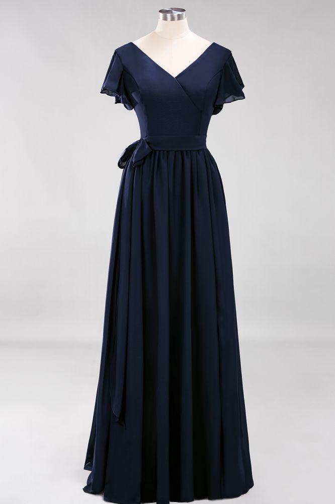 Misshow Elegant A-line V-Neck Short Sleeve Bridesmaid Dresses with Bow Sash Floor-Length Chiffon Evening Dress
