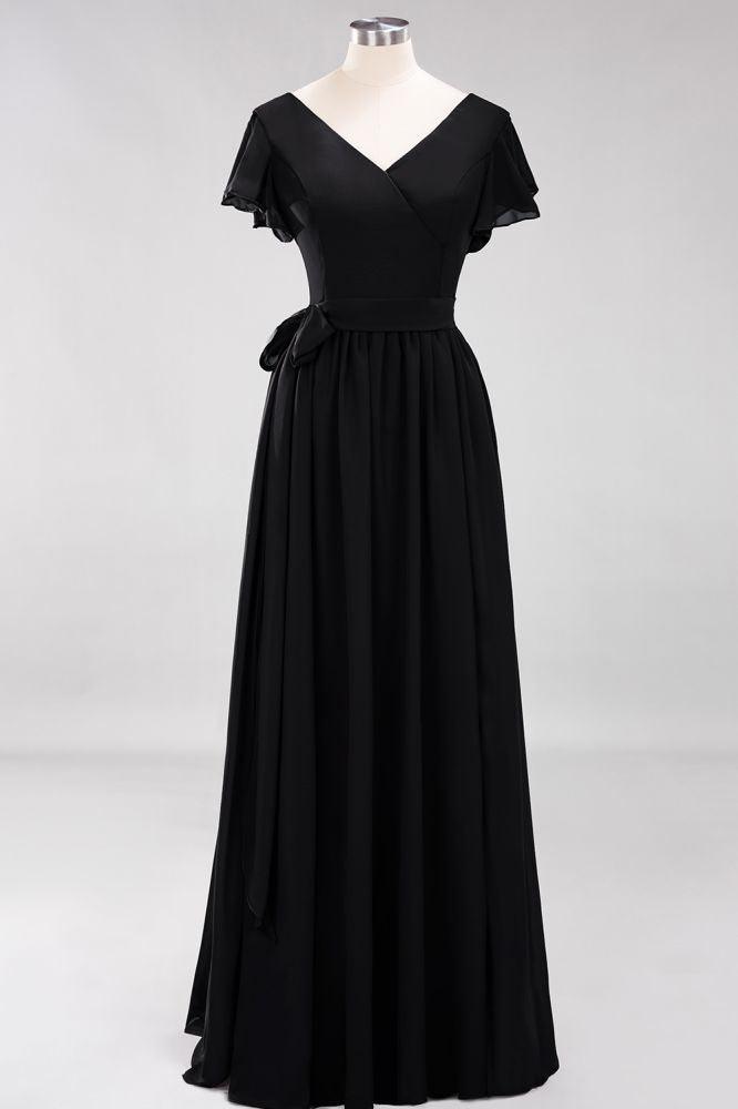 Misshow Elegant A-line V-Neck Short Sleeve Bridesmaid Dresses with Bow Sash Floor-Length Chiffon Evening Dress