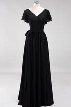 Misshow Elegant A-line V-Neck Short Sleeve Bridesmaid Dresses with Bow Sash Floor-Length Chiffon Evening Dress