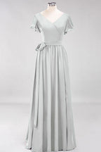 Misshow Elegant A-line V-Neck Short Sleeve Bridesmaid Dresses with Bow Sash Floor-Length Chiffon Evening Dress