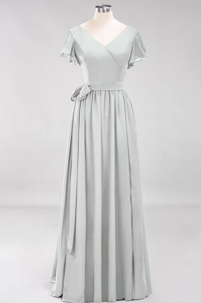 Misshow Elegant A-line V-Neck Short Sleeve Bridesmaid Dresses with Bow Sash Floor-Length Chiffon Evening Dress